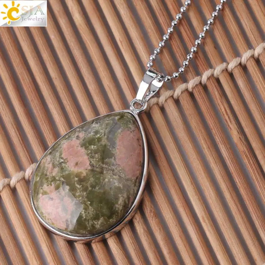 CSJA Natural Stone Pendants  Tiger Eye Pink Quartz Purple Crystal Lapis Necklace Water Drop Flat Bead Women Healing Jewelry F982