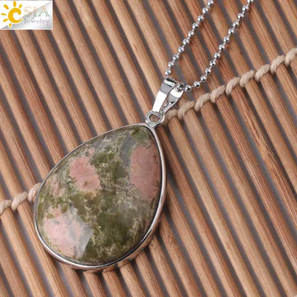 CSJA Natural Stone Pendants  Tiger Eye Pink Quartz Purple Crystal Lapis Necklace Water Drop Flat Bead Women Healing Jewelry F982