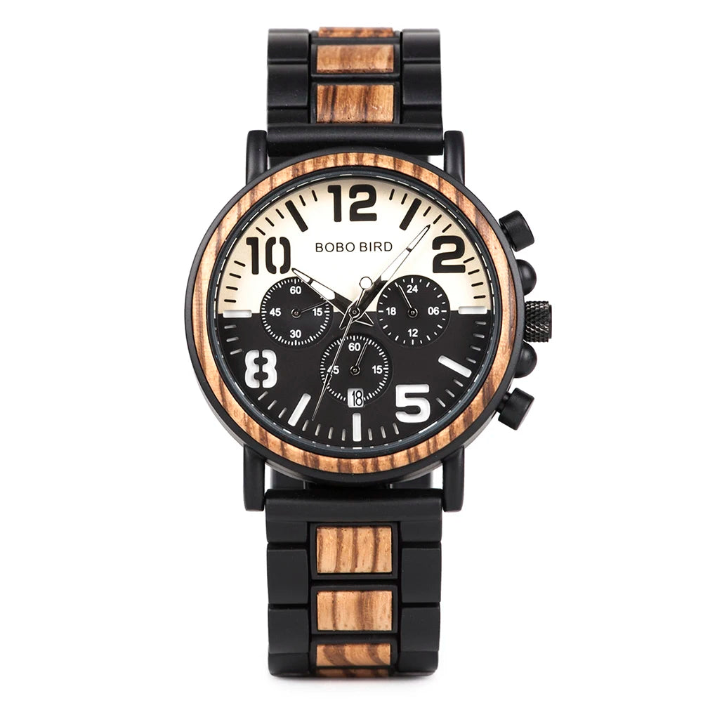 BOBO BIRD Luxury Wood Stainless Steel Men Watch Stylish Wooden Timepieces Chronograph Quartz Watches Relogio Masculino Man