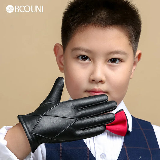 BOOUNI Leather Children Gloves Five Fingers Autumn Winter Warm Velvet Lined Kids Boys Sheepskin Gloves NM964