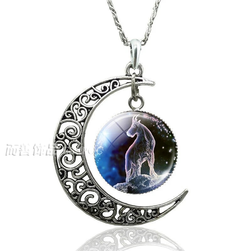 12 Constellation Crescent Moon Necklace Zodiac Sign Glass Jewelry Pendant Aries Gemini Cancer Leo Women Birthday