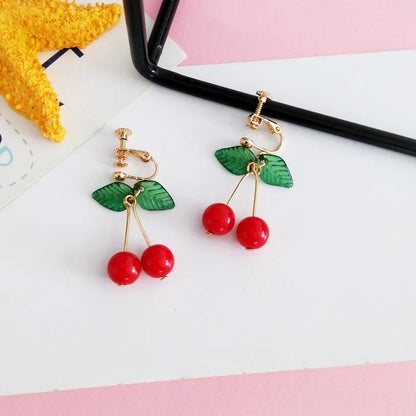 Korean Sweet Youth Girl Student Fruit Cherry Earrings Fresh Simple Cute Women Earrings Ear Clips Banquet Accessories