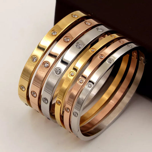FYSARA Luxury Brand Crystals Love Bangles Cubic Zirconia Bracelets Couple Luxuxy Jewelry Stainless Steel Bangles for Women