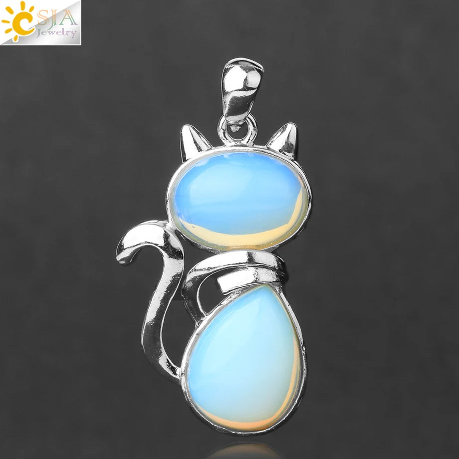 CSJA Chakra Natural Stone Pendant Cute Cat Pendants Suspension for Girl Green Aventurine Pink Crystal Cat Wisiorek Jewelry F072