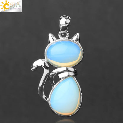 CSJA Chakra Natural Stone Pendant Cute Cat Pendants Suspension for Girl Green Aventurine Pink Crystal Cat Wisiorek Jewelry F072