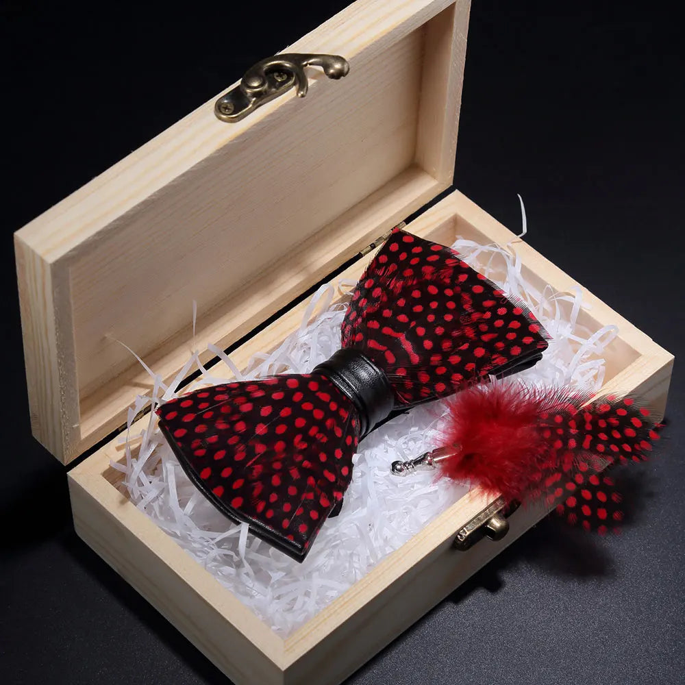 KAMBERFT Design Handmade Feather Bow Tie Brooch Wooden Box Set High Quality Men's Bowtie Leather Tie for Wedding Party Banquet