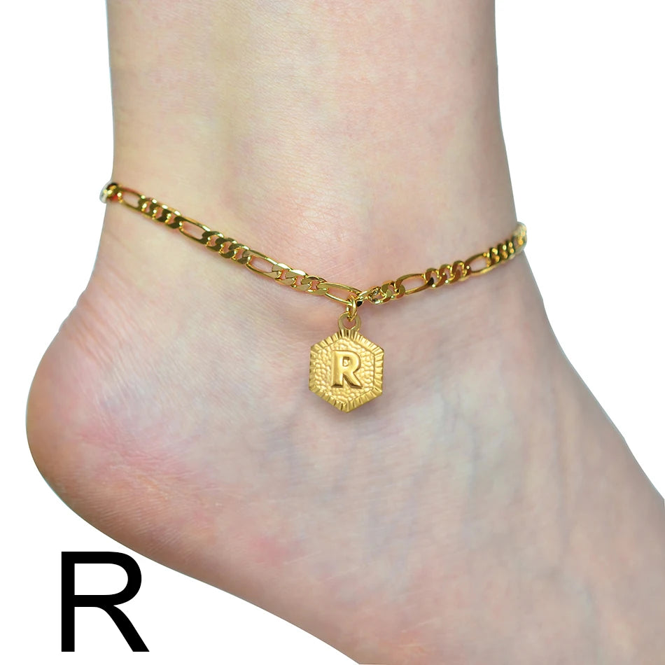 Anniyo 21cm + 10cm Extender Chain / A-Z Initial Letter Anklet for Women Alphabet Jewelry Foot Chain Girl #105906