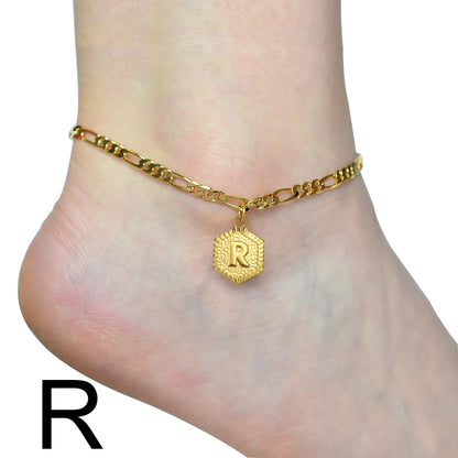 Anniyo 21cm + 10cm Extender Chain / A-Z Initial Letter Anklet for Women Alphabet Jewelry Foot Chain Girl #105906