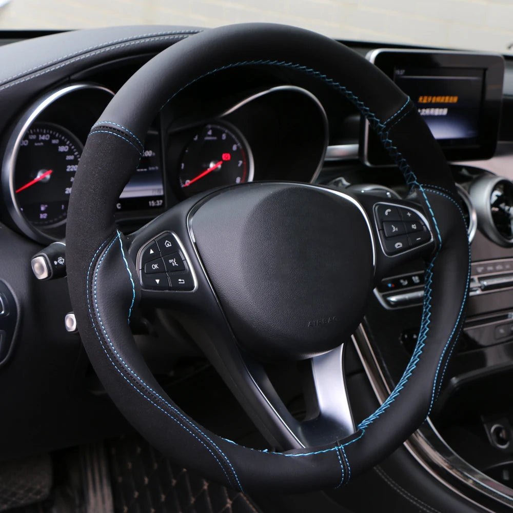 O SHI CAR 38cm DIY Steering Wheel Cover Wear-Resistant Soft PU + Suede Leather Car Steering-Wheel Braid With Needles Thread