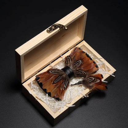 KAMBERFT Design Handmade Feather Bow Tie Brooch Wooden Box Set High Quality Men's Bowtie Leather Tie for Wedding Party Banquet
