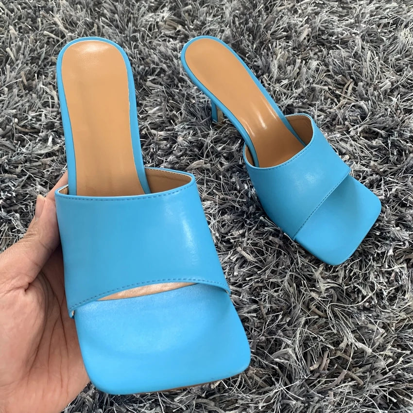 2023 New Summer Women Sandals Square Toe Ladies Heel MulesThin High Heels Sandals Slippers Female Fashion Woman Shoes