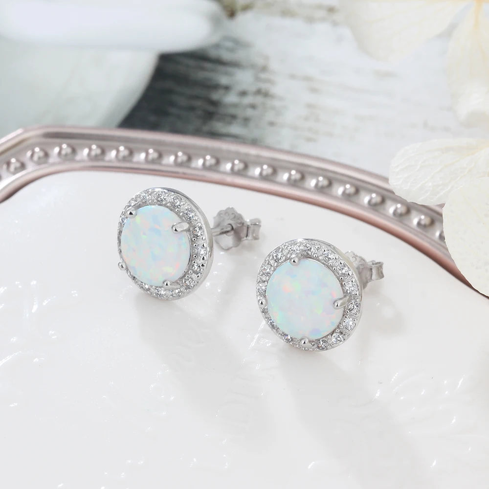 Classic 925 Sterling Silver Stud Earrings Round White Pink Blue Opal Earrings With Cubic Zirconia Jewelry (Lam Hub Fong)