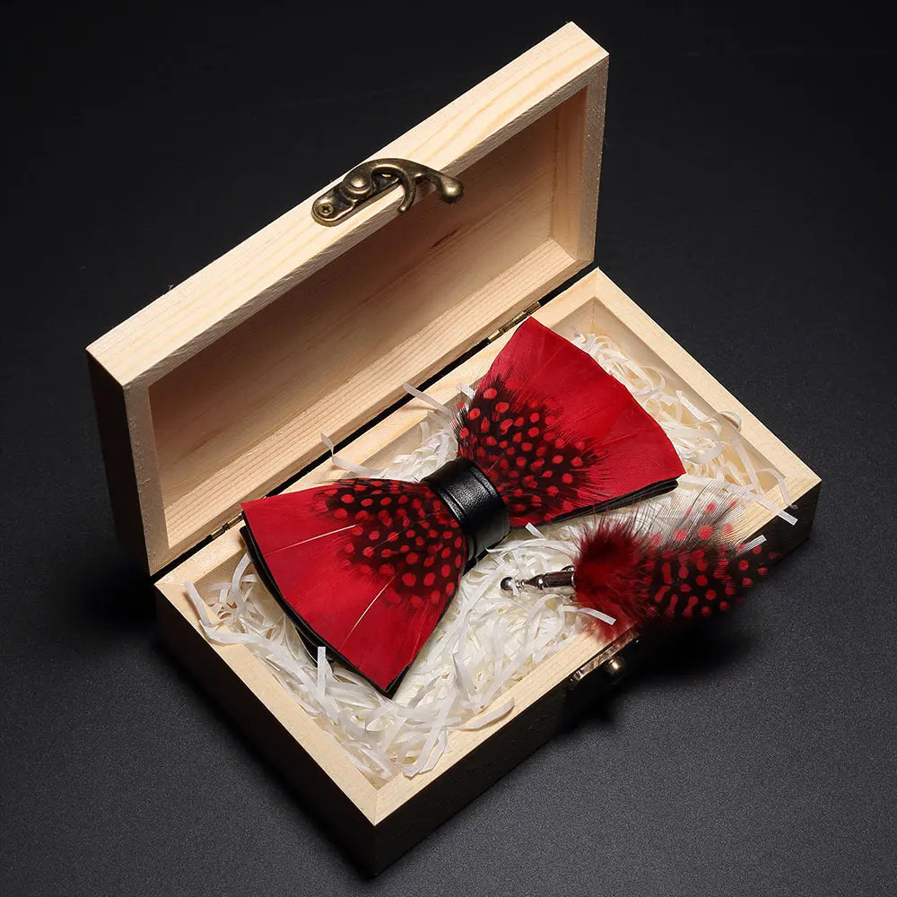 KAMBERFT Design Handmade Feather Bow Tie Brooch Wooden Box Set High Quality Men's Bowtie Leather Tie for Wedding Party Banquet