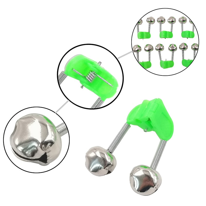 OUTKIT 5pcs/Lot Fishing Bite Alarms Fishing Rod Bell Rod Clamp Tip Clip Bells Ring Green ABS Fishing Accessory Outdoor Metal