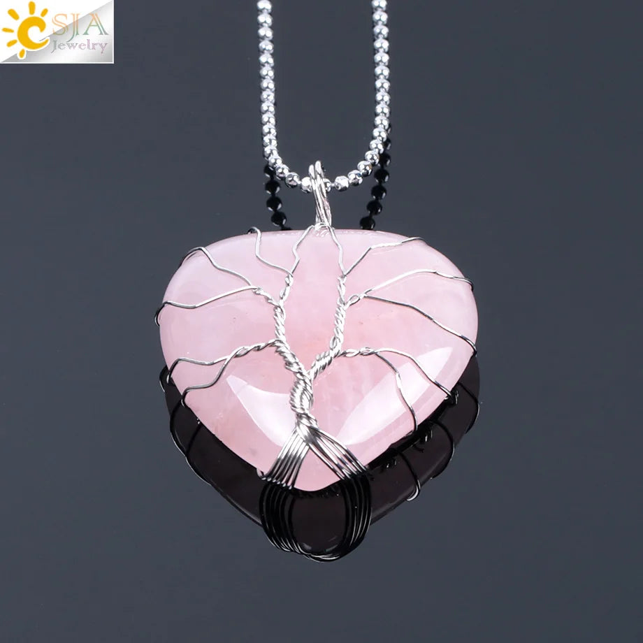 CSJA Tree of Life Wire Wrapped Love Heart Necklace & Pendant Suspension Natural Gem Stone Tiger Eye Pink Quartz Black Onyx F053