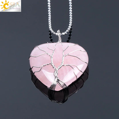 CSJA Tree of Life Wire Wrapped Love Heart Necklace & Pendant Suspension Natural Gem Stone Tiger Eye Pink Quartz Black Onyx F053