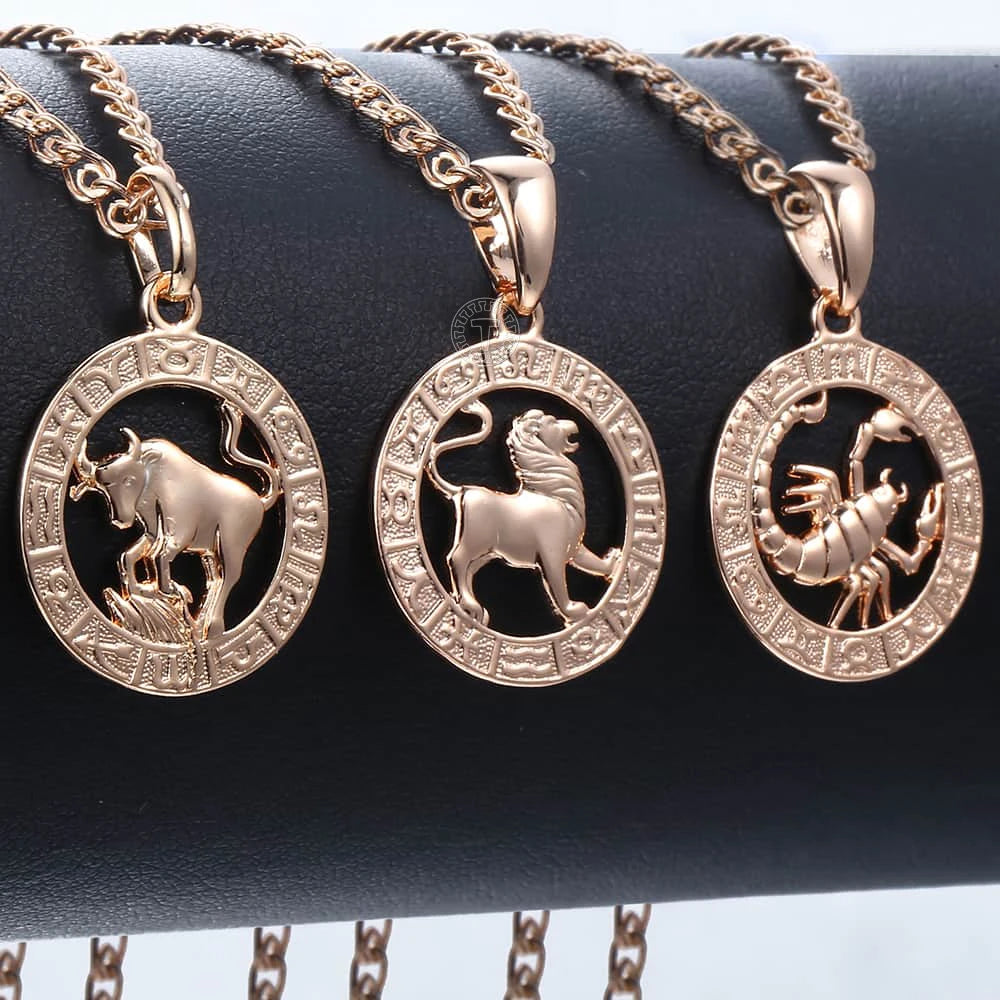 Davieslee Pendant Necklace for Women 12 Zodiac Sign Constellation Yellow Rose Gold Color Womens Necklaces Round Shaped LGPM16