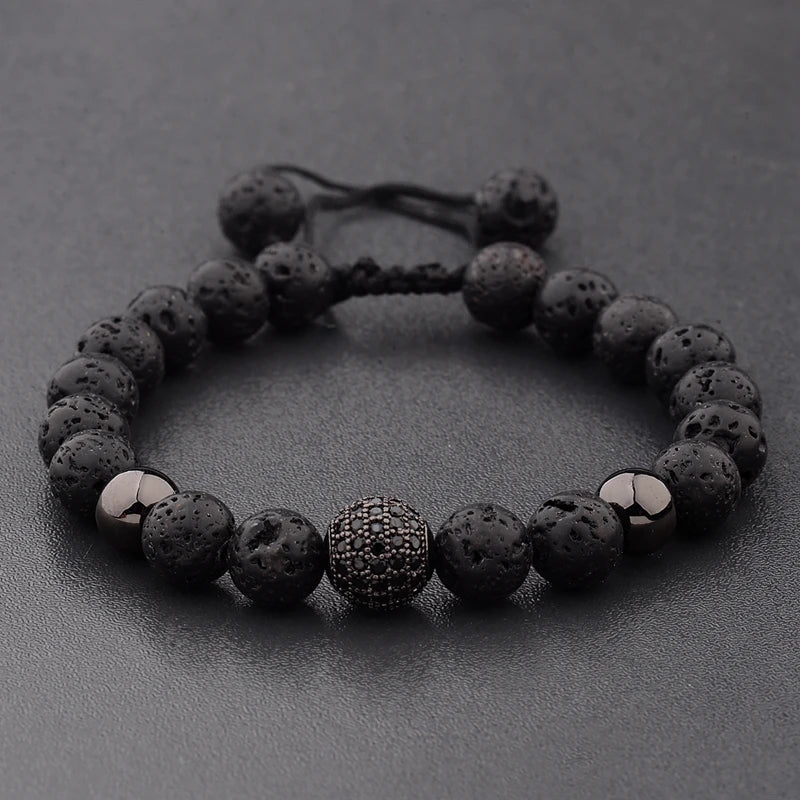 DOUVEI Round Black CZ Zircon Pave Lava Weaving Bracelet Men Beads Weaving Bracelet Homme Adjustable ABL005