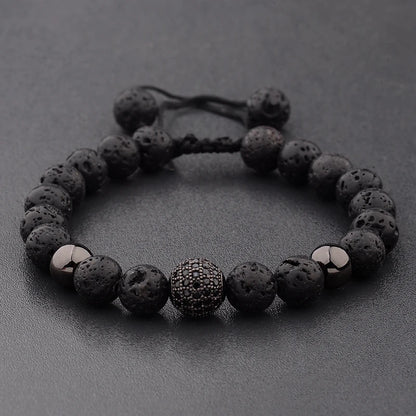 DOUVEI Round Black CZ Zircon Pave Lava Weaving Bracelet Men Beads Weaving Bracelet Homme Adjustable ABL005