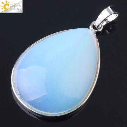 CSJA Natural Stone Pendants  Tiger Eye Pink Quartz Purple Crystal Lapis Necklace Water Drop Flat Bead Women Healing Jewelry F982