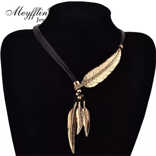 Collier Femme Feather Necklaces & Pendants Rope Leather Vintage Maxi Colar for Statement Necklace Women Fashion Jewelry Bijoux