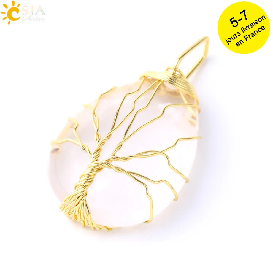 Tiger Eye Tree of Life Crystal Necklace Natural Stone Pendant Wire Wrap Rose Crystals Pink Quartz Amethyst Green Aventurine E585