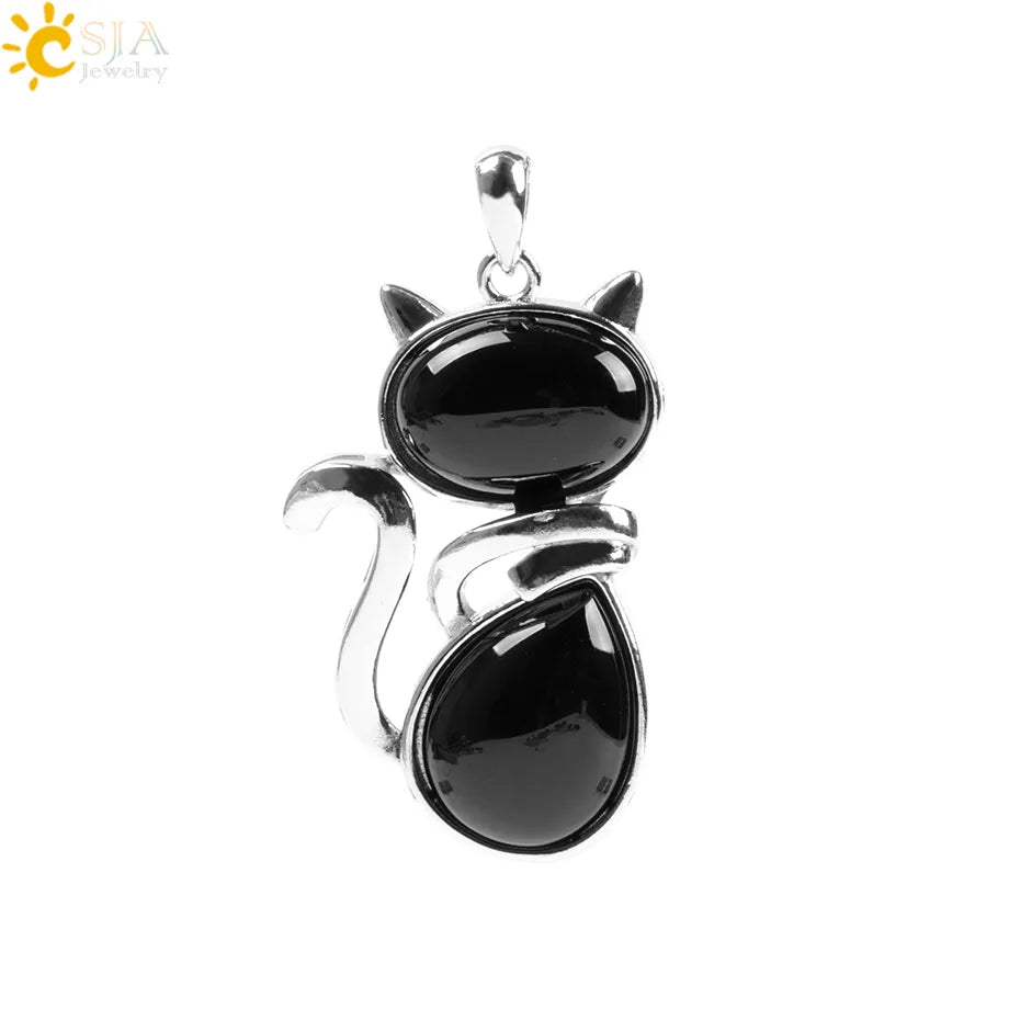 CSJA Chakra Natural Stone Pendant Cute Cat Pendants Suspension for Girl Green Aventurine Pink Crystal Cat Wisiorek Jewelry F072