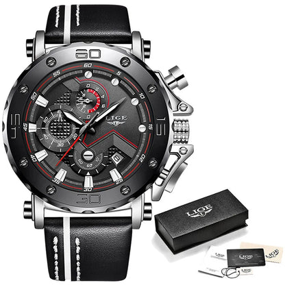 2023LIGE New Fashion Mens Watches Top Brand Luxury Big Dial Military Quartz Watch Leather Waterproof Sport Chronograph Watch Men