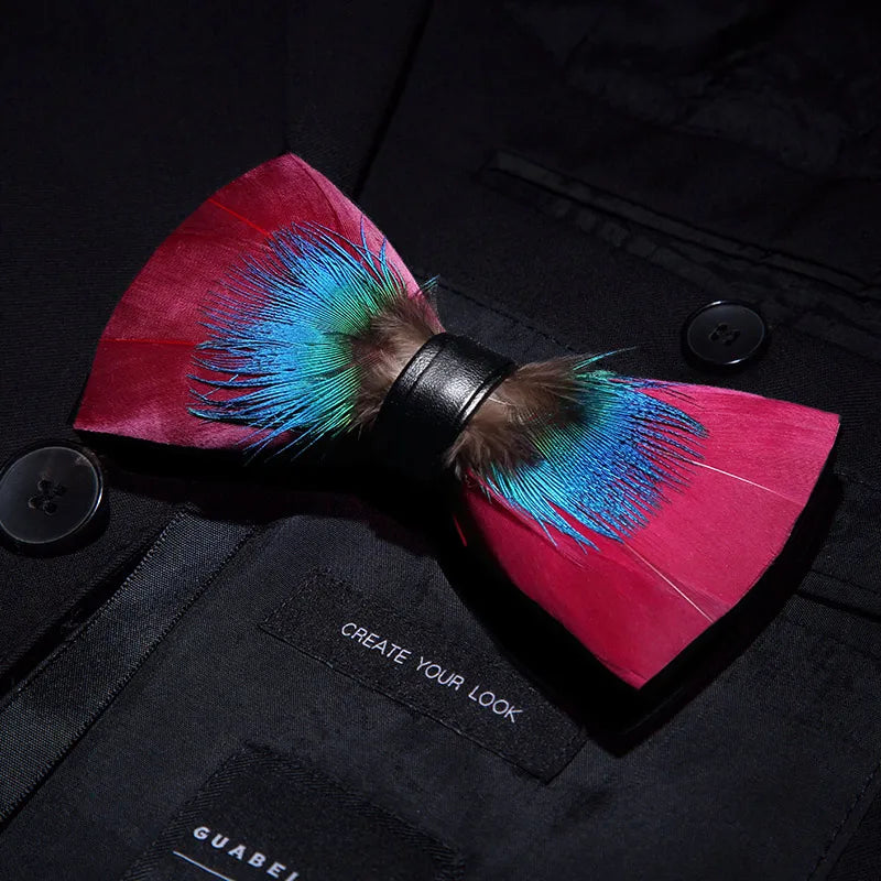 KAMBERFT Designer Brand Handmade Feather and Leather Pre-Tied Bow Tie and Brooch Sets for Men Wedding Party Best Cravate