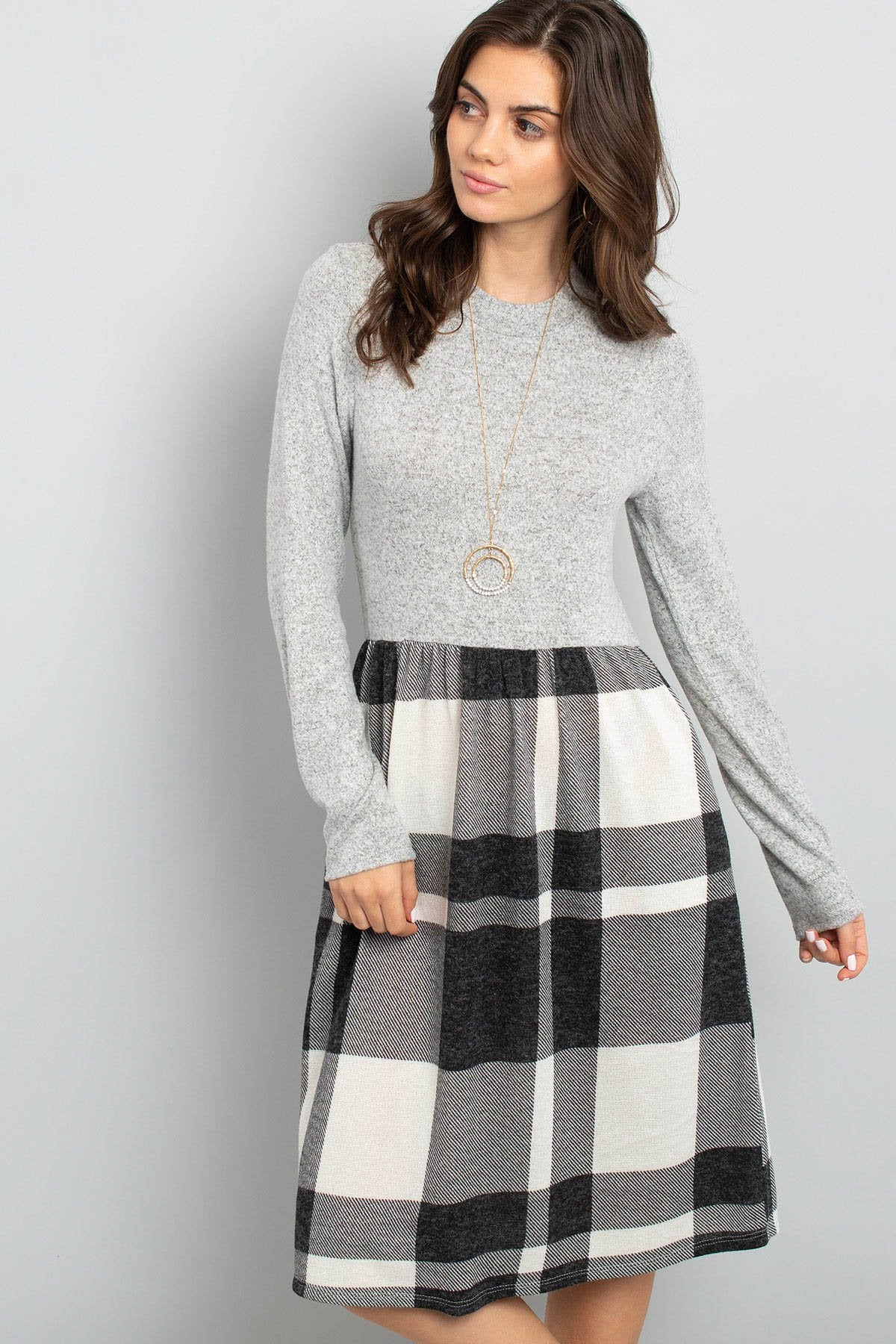 Two Toned High Neck Long Sleeves Plaid Contrast Dress