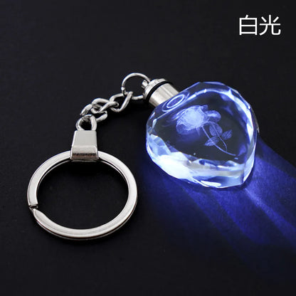 Fashion Colorful Fairy Rose Flower Pattern Love Shape Crystal Rhinestone LED Light Keychain Lover Key Chain Keyring Jewelry