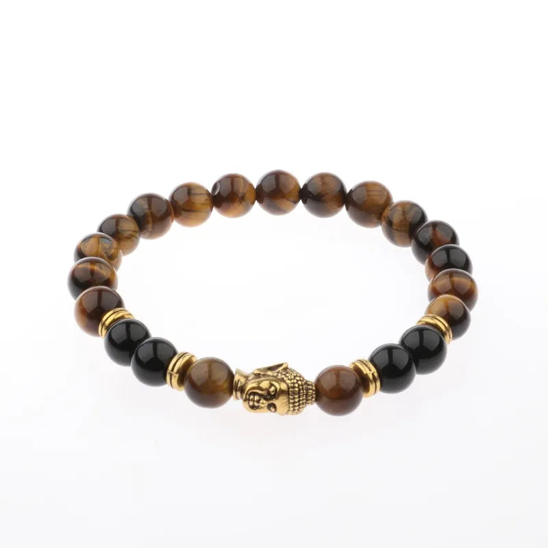 Charm Buddha&Evil Eye Bracelet Women 8mm Elastic Round Bright Black Stone Chakra Bracelets Men Erkek Bileklik Homme