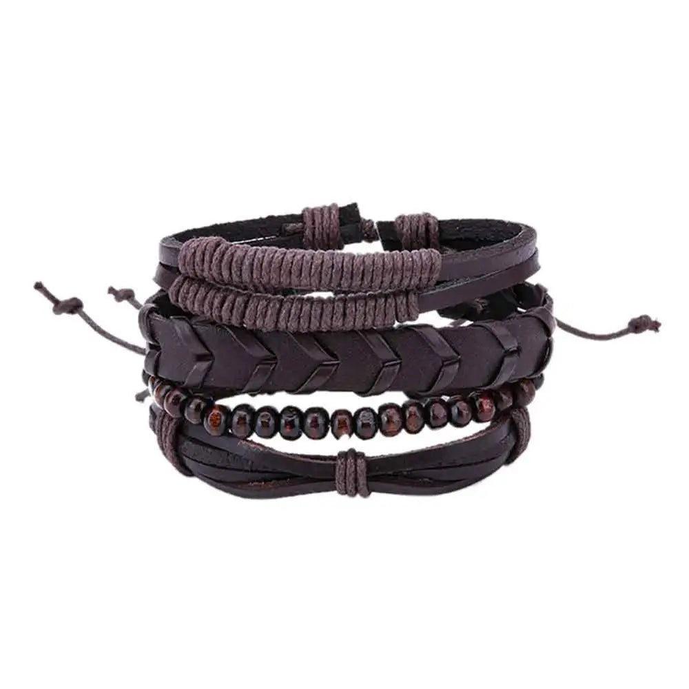 Multilevel Braided Wrap Leather Bracelets for Men Vintage Leather Bracelet Charm Wood Beads Ethnic Wristbands