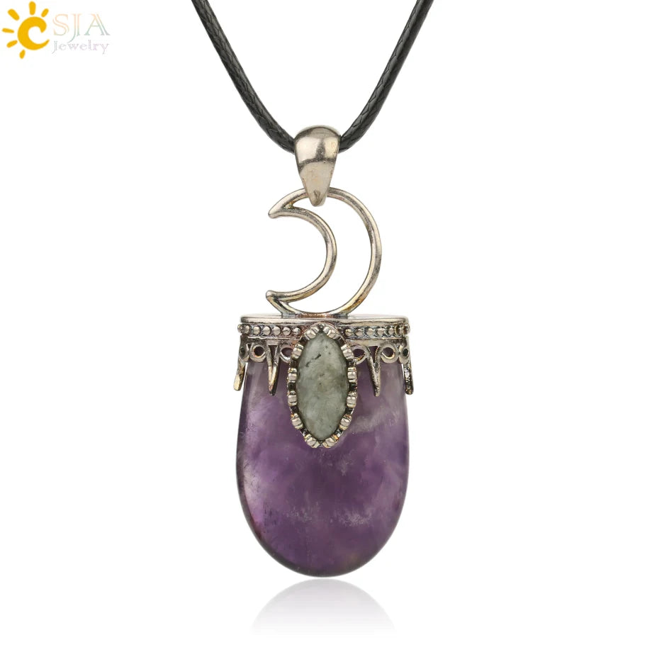 CSJA Natural Stone Crystal Pendants Necklace Antique Silver Color Purple Pink Quartz Necklace Jewelry Crown Moon Charm G274