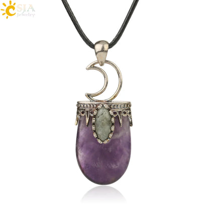 CSJA Natural Stone Crystal Pendants Necklace Antique Silver Color Purple Pink Quartz Necklace Jewelry Crown Moon Charm G274