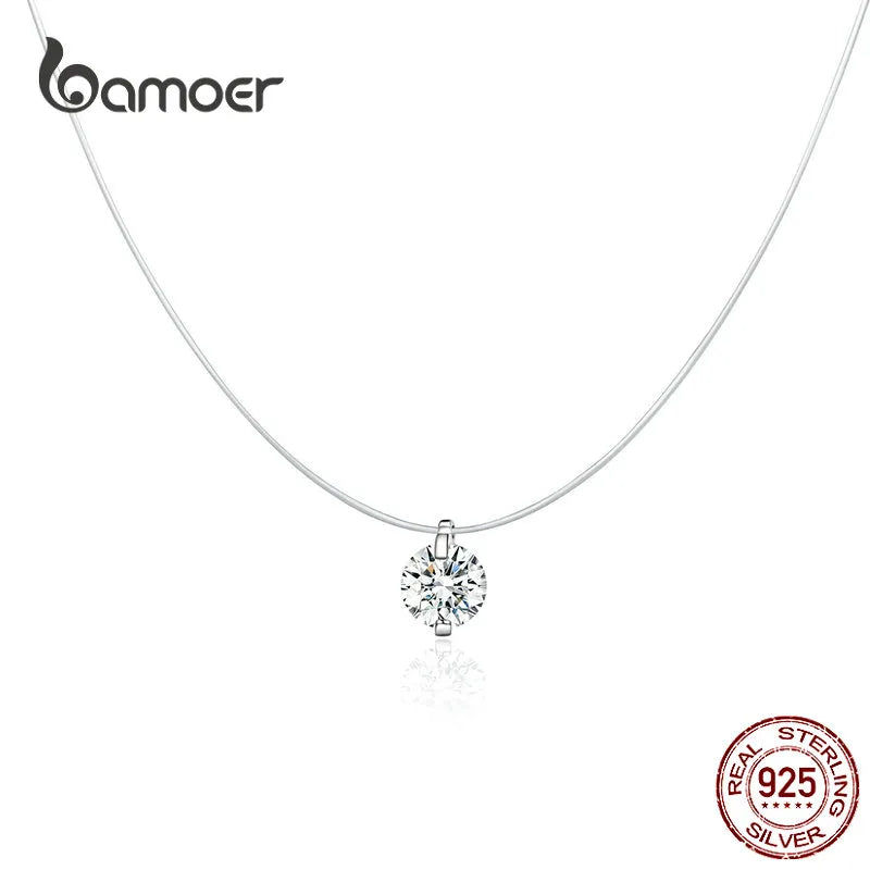 Bamoer Silver Invisible Chain Necklaces Pendants Rhinestone Choker Necklaces Transparent Fishing Line Collier Femme SCN332