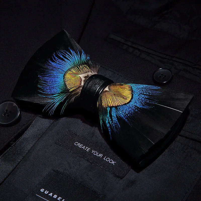 KAMBERFT Designer Brand Handmade Feather and Leather Pre-Tied Bow Tie and Brooch Sets for Men Wedding Party Best Cravate