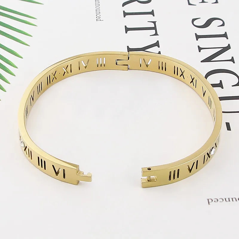Opening Titanium Steel Bangles Crystal Gold Color Bangles Roman Numerals Women's Bracelet