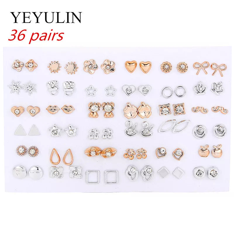 36Pairs/18pairs Earrings Mixed Styles Rhinestone Sun Flower Geometric Animal Plastic Stud Earrings Set for Women Girls Jewelry