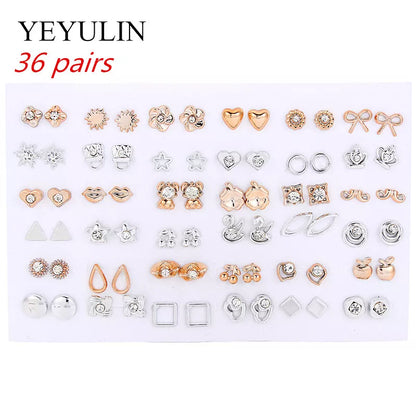 36Pairs/18pairs Earrings Mixed Styles Rhinestone Sun Flower Geometric Animal Plastic Stud Earrings Set for Women Girls Jewelry