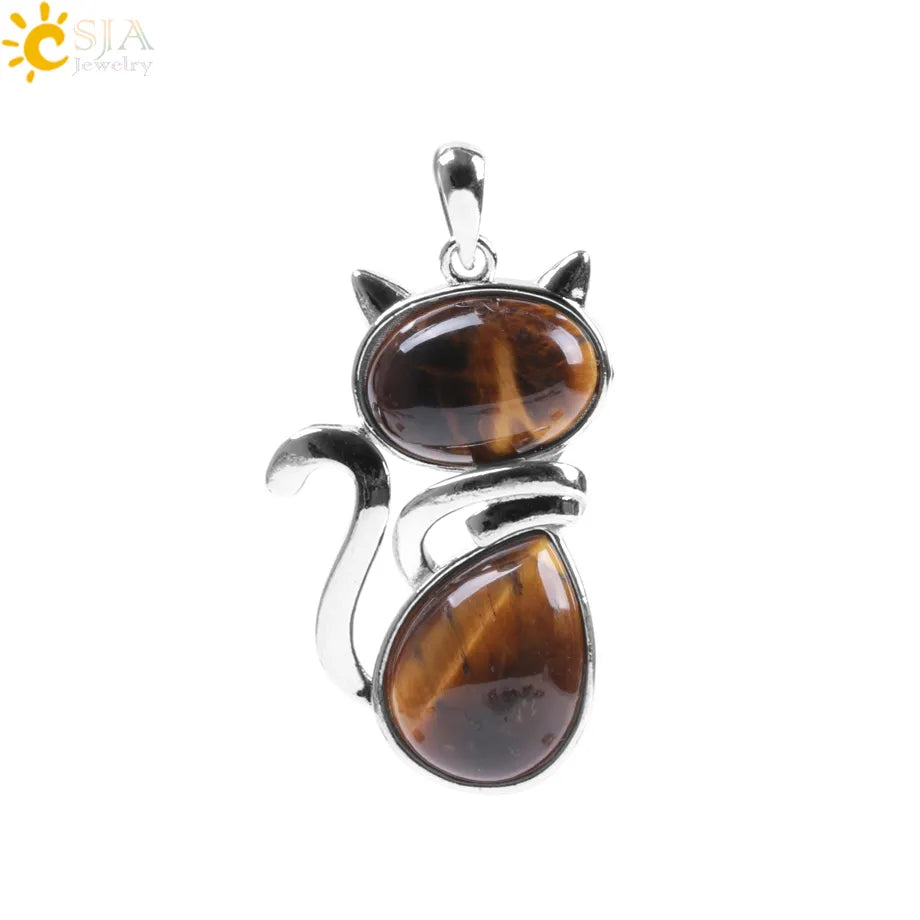 CSJA Chakra Natural Stone Pendant Cute Cat Pendants Suspension for Girl Green Aventurine Pink Crystal Cat Wisiorek Jewelry F072