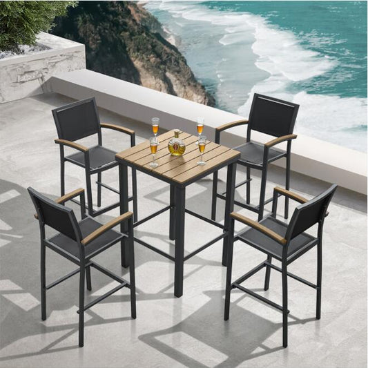 HIGOLD Carlo 5 Pieces Imitated Wood Outdoor Aluminum Pub Set for 4 Person, Charcoal Black