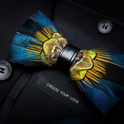 KAMBERFT Designer Brand Handmade Feather and Leather Pre-Tied Bow Tie and Brooch Sets for Men Wedding Party Best Cravate