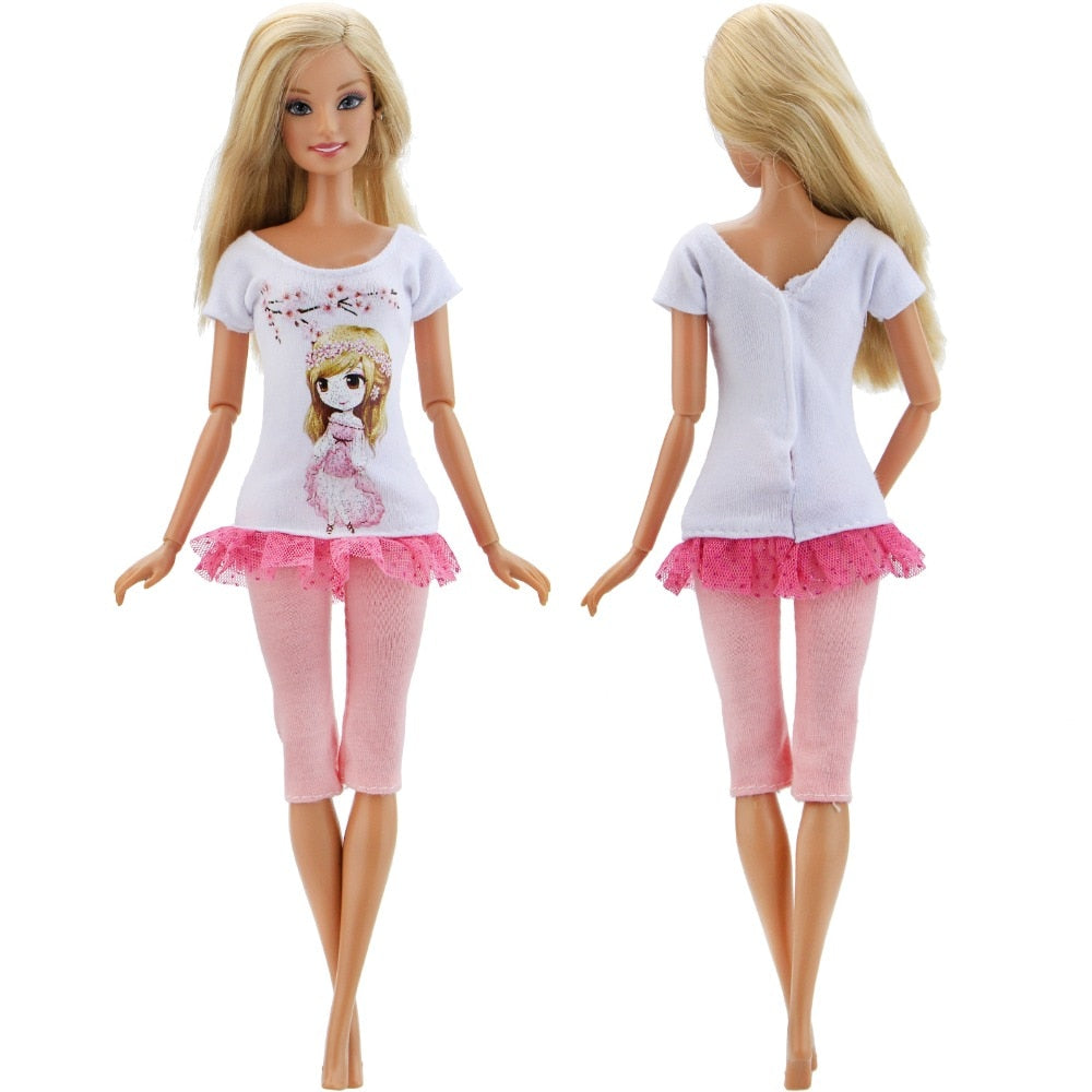 1 PCS Handmade Fashion Outfit Short Dress Cartoon Cute Pattern T-Shirt Pants Trousers Accessories Clothes for Barbie Doll Toys