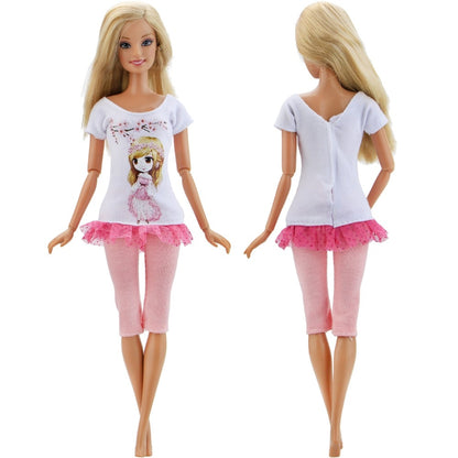 1 PCS Handmade Fashion Outfit Short Dress Cartoon Cute Pattern T-Shirt Pants Trousers Accessories Clothes for Barbie Doll Toys