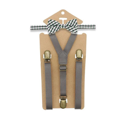 3 Clips Y Back Kid Brown Tan Leather Suspender and Bow Tie Ring Bearer Bowtie Set Birthday Outfit 80*1.5cm Adjustable