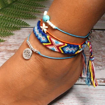 MOON GIRL Handmade Weave Bobo Lotus Anklet Set Fashion Starfish 4 Pieces Bohemian Chic Summer Bracelet Ankle for Women