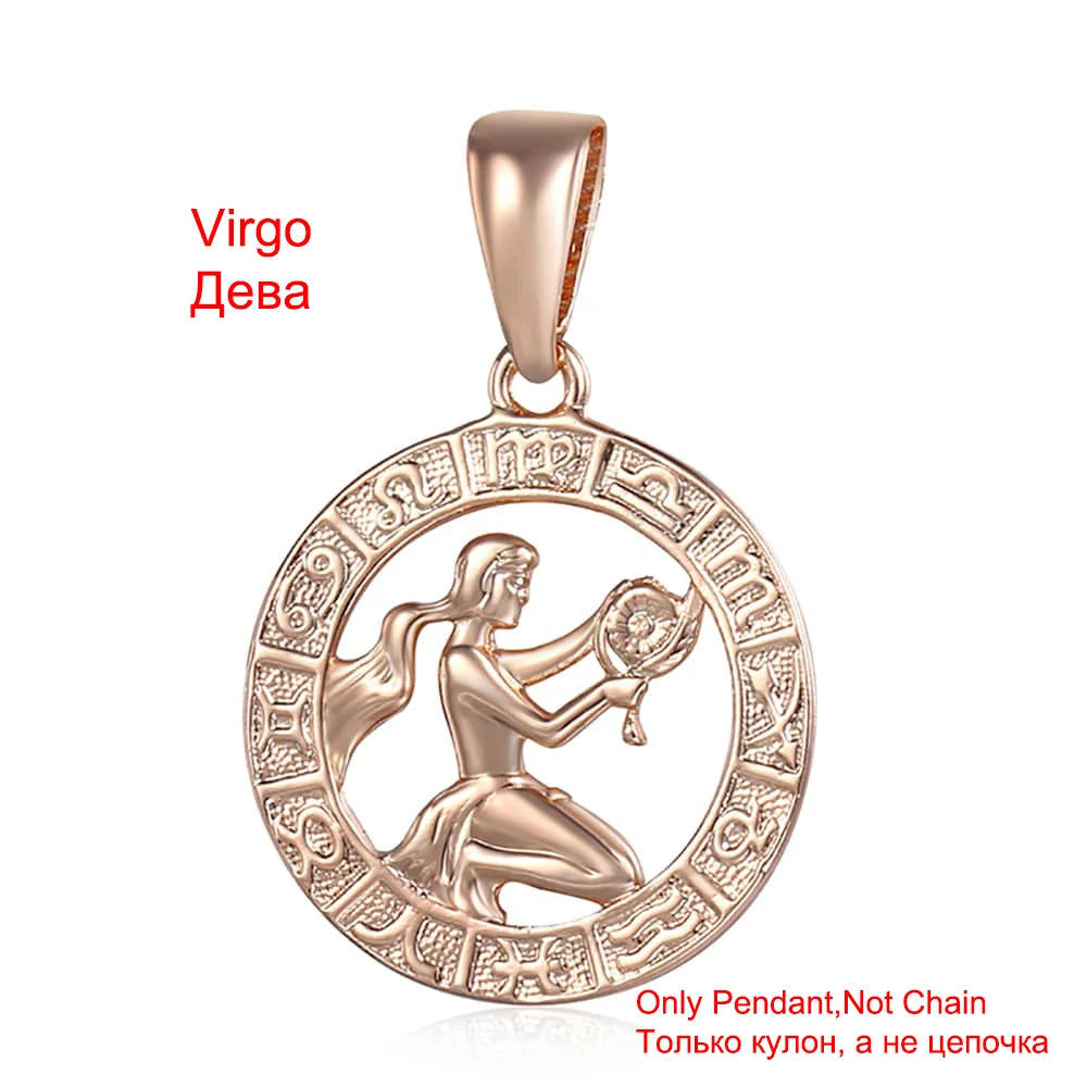 Davieslee Pendant Necklace for Women 12 Zodiac Sign Constellation Yellow Rose Gold Color Womens Necklaces Round Shaped LGPM16