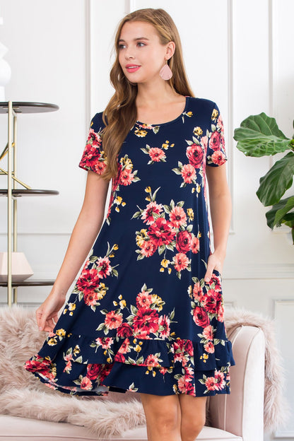 Short Sleeved Floral Ruffled Hem Dress