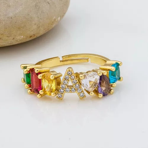 Adjustable A-Z Initial Ring Bohemian Copper Zircon  Rainbow Letter Rings for Women Girls Party Wedding Jewelry